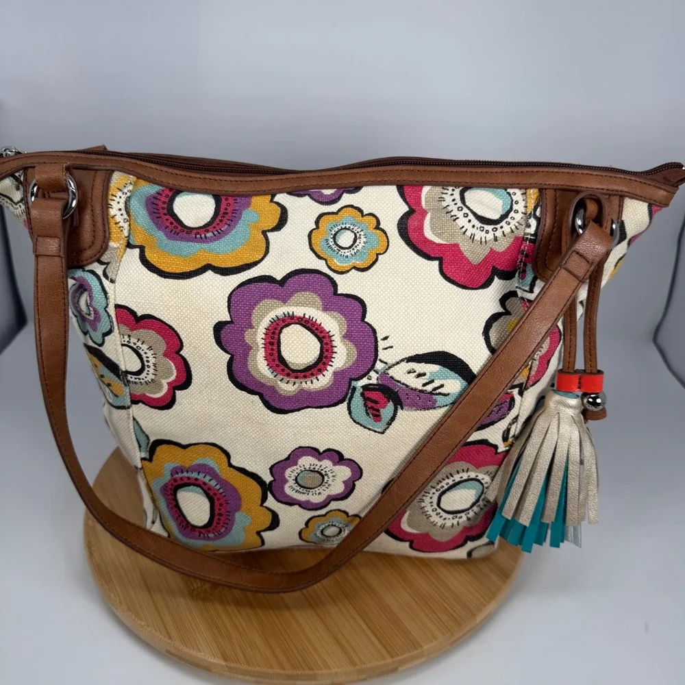 Relic Floral‎ Canvas Shoulder Bag Brown Faux Leather Trim RLH4429 Multicolor